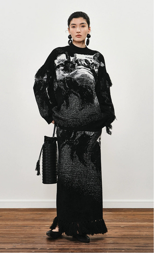 ZHUCHONGYUN winter fringed wool jacquard knit long skirt--MINATO.