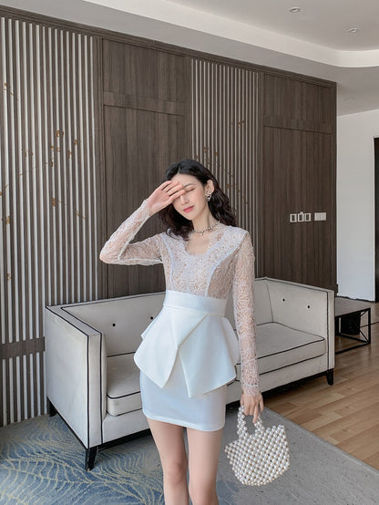DOLLY Elegant White V-Neck Long Sleeve High Waist Peplum Short Date Dress-LOUIS