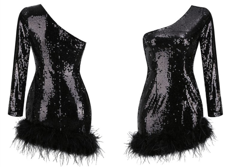 DOLLY Luxury Black Slopping Shoulder Long Sleeve Short Feather Dress-CAITTRIONA