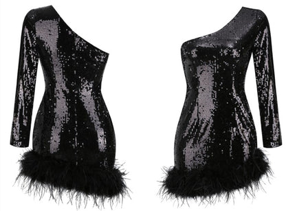 DOLLY Luxury Black Slopping Shoulder Long Sleeve Short Feather Dress-CAITTRIONA