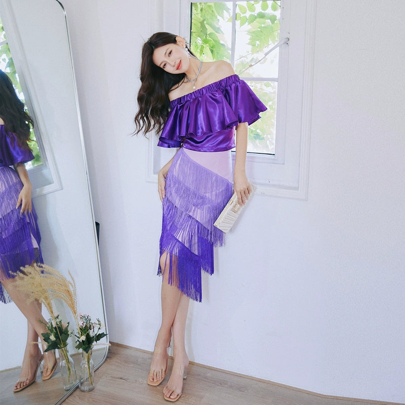 DOLLY Elegant Purple Satin Ruffle Of Shoulder Top+ Gradient Tassel Skirt-ZAYN
