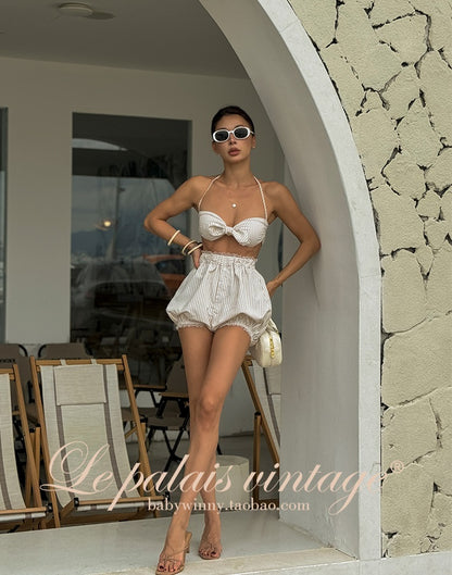 Le Palais Vintage  Sweet and Spicy Girly Short Puff Sleeve Shirt High Waist Pumpkin Shorts-QUINN