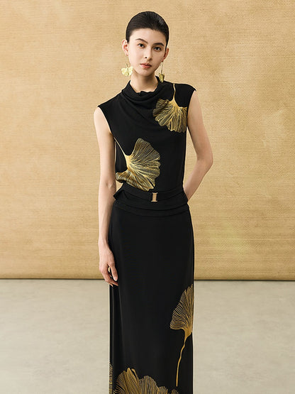 HECO Chinese Draped Summer Heavy Industry Ginkgo Biloba Print Slim Skirt - COLS.