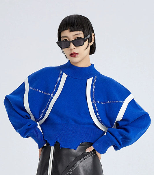 Tiny IN short stitching sweater women's irregular hem blue Top-NANA