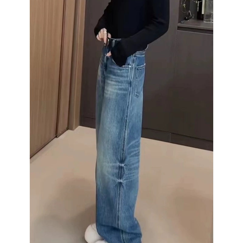 PIAOIN retro  wash jeans women's slim straight pants jeans -CLARA
