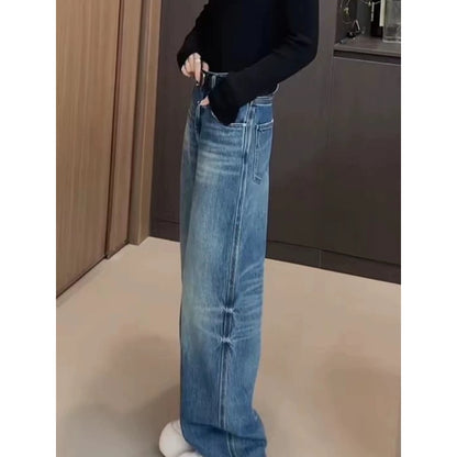 PIAOIN retro  wash jeans women's slim straight pants jeans -CLARA