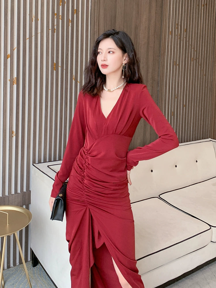 DOLLY Retro Style V-Neck Long Sleeve Pleated Waist Long Slit Dinner Dress-NEYO