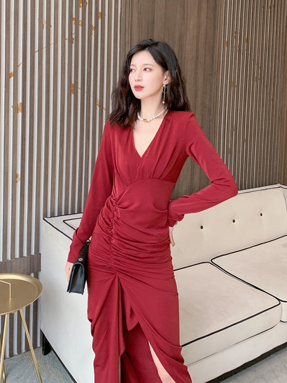 DOLLY Retro Style V-Neck Long Sleeve Pleated Waist Long Slit Dinner Dress-NEYO
