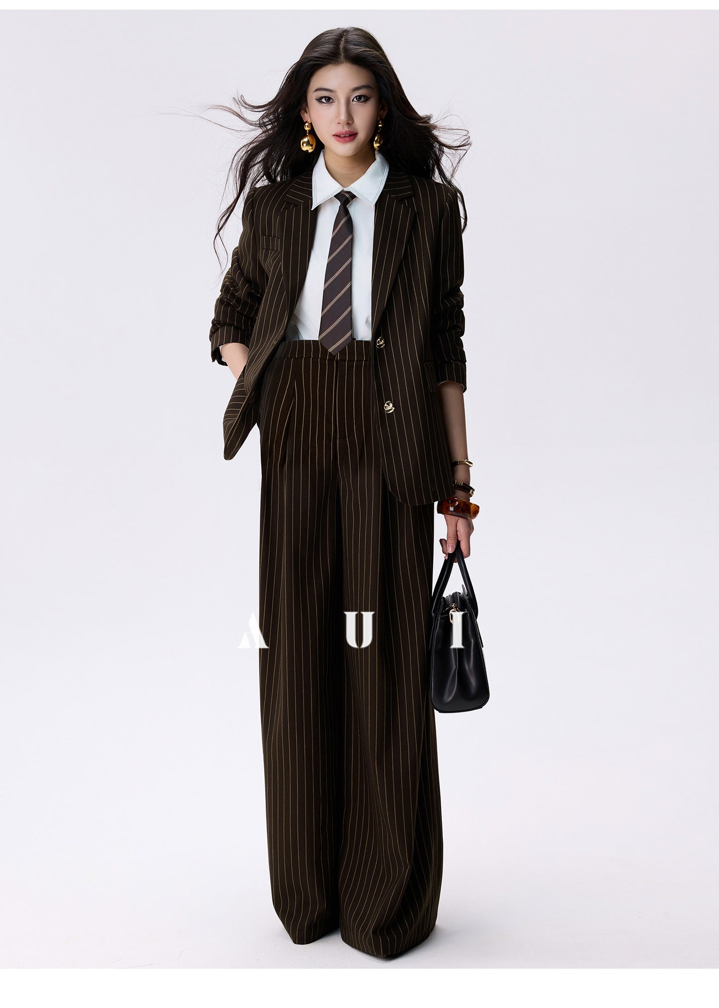 AUI Brown Striped Blazer Long Sleeve Polo Two-Piece Suit Skirt -  Haneul.