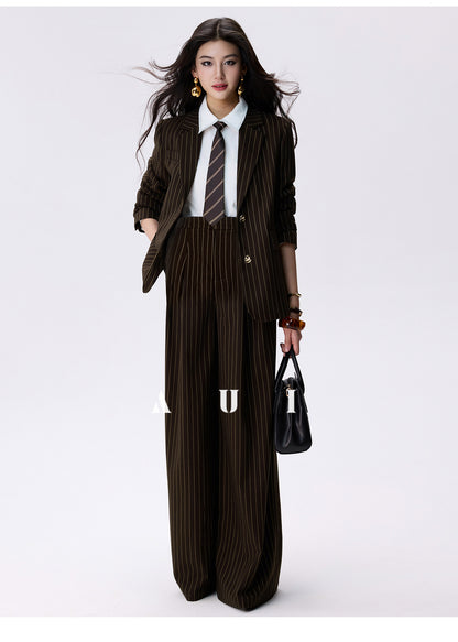 AUI Brown Striped Blazer Long Sleeve Polo Two-Piece Suit Skirt -  Haneul.