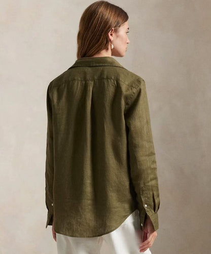 PIAOIN style loose linen shirt jacket with small logo design versatile and stylish-ROSEMARY