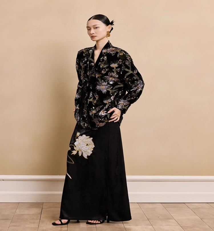 HECO Acetate Peony Jacquard Embroidery Side Slit Maxi Skirt  - SMART.