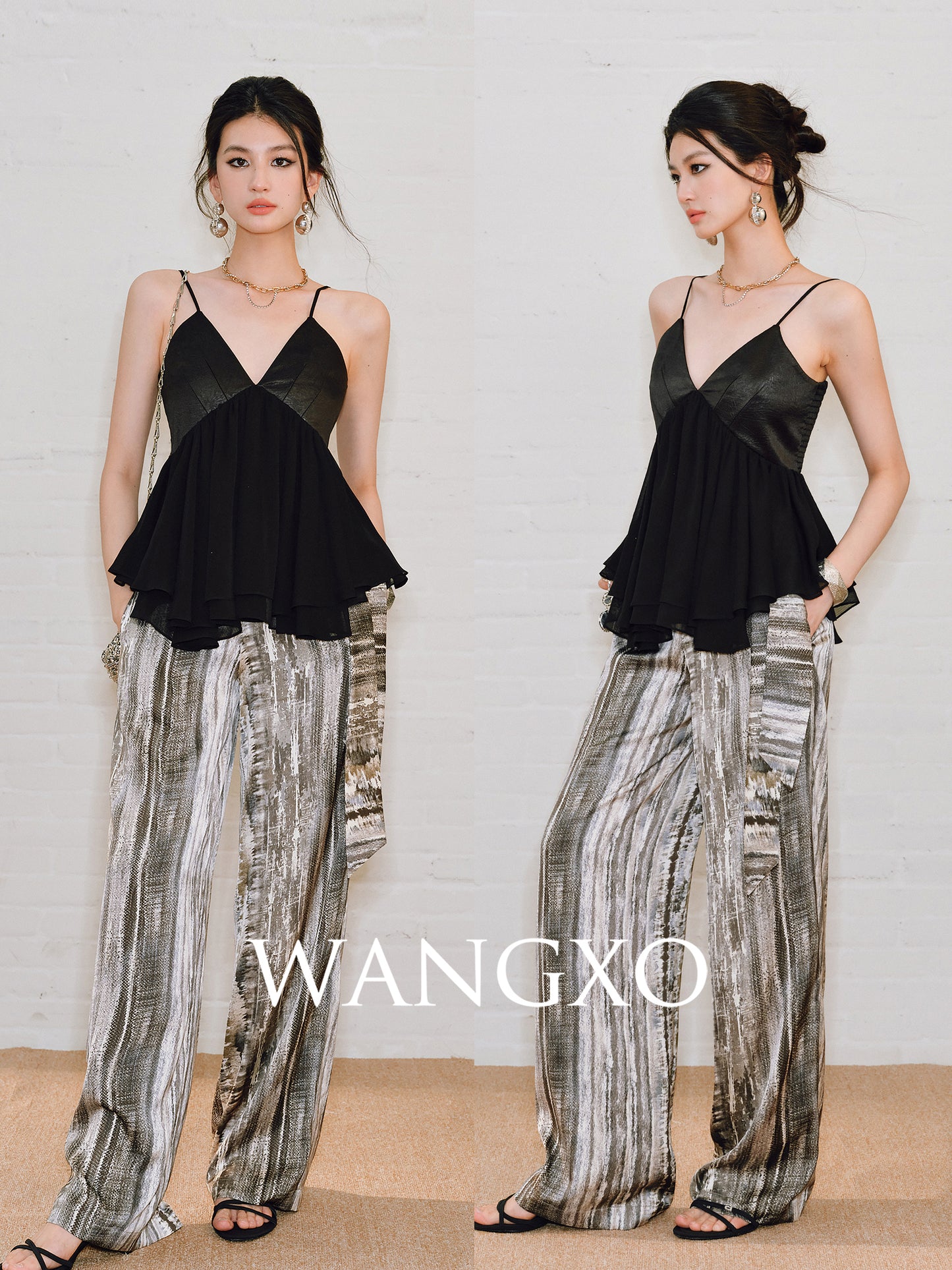 WANGXO | Chiffon Deep V Drawstring Draped Sling Top -MIRABELLE.
