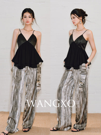 WANGXO | Chiffon Deep V Drawstring Draped Sling Top -MIRABELLE.