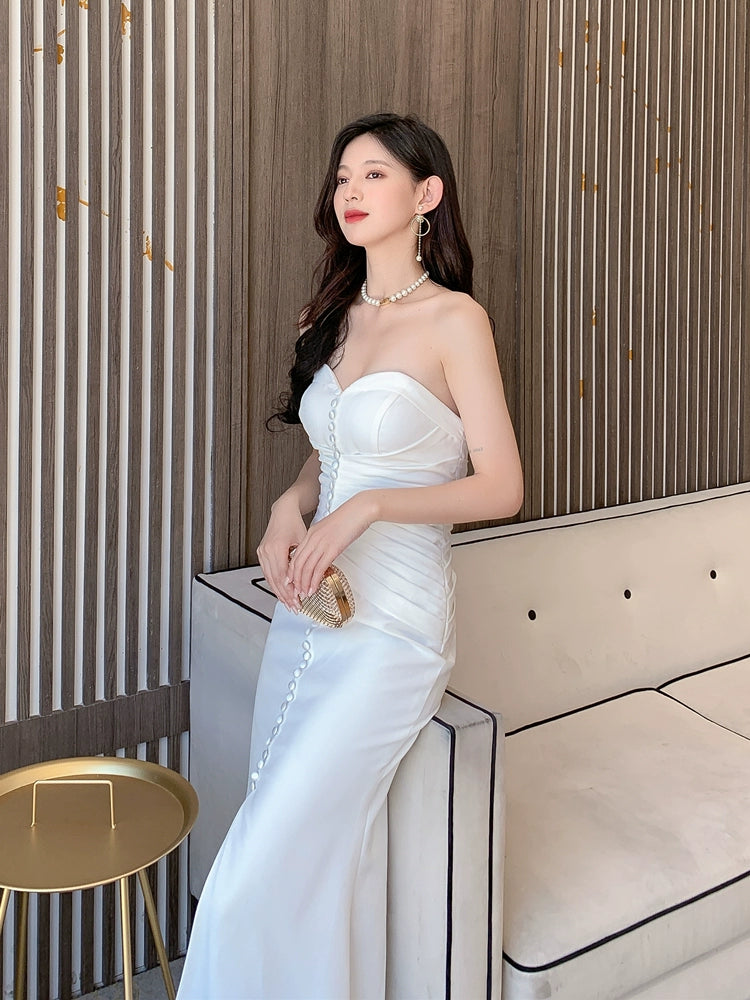 DOLLY Elegant Retro Style Sleeveless Off Shoulder Chest Wrap Long Fish Tail Dress-POW