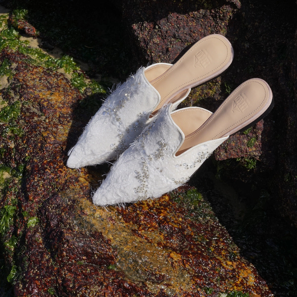 B-FEI women's flat lazy pointed white toe mules-ANDI.