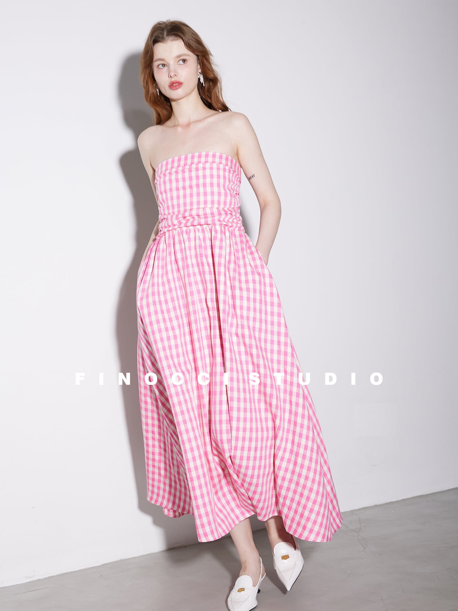 High-end Pink plaid checkered strapless Cotton Bandeau Swing full Dres High-end Pink plaid checkered strapless Cotton Bandeau Swing full Dres