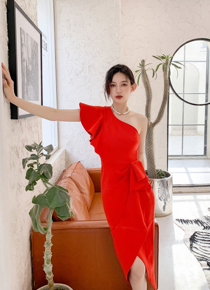 DOLLY Elegant Stylish Ruffle Off Shoulder Slim Fit Midi Slit Dinner Dress-LEOLA