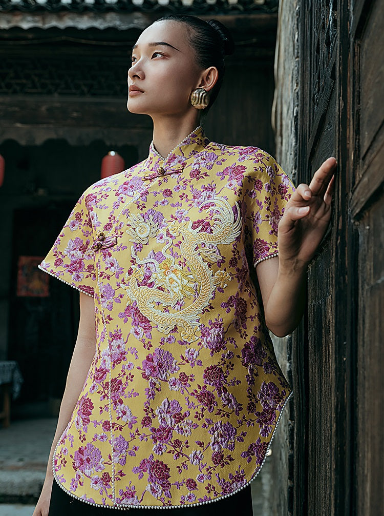 HECO Chinese style golden dragon embroidery short-sleeved placket buttoned shirt - QAND.