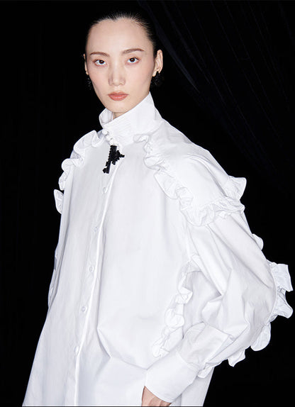 M essential Mackay designer white cotton three-dimensional ruffle trim shirt -  Tori.