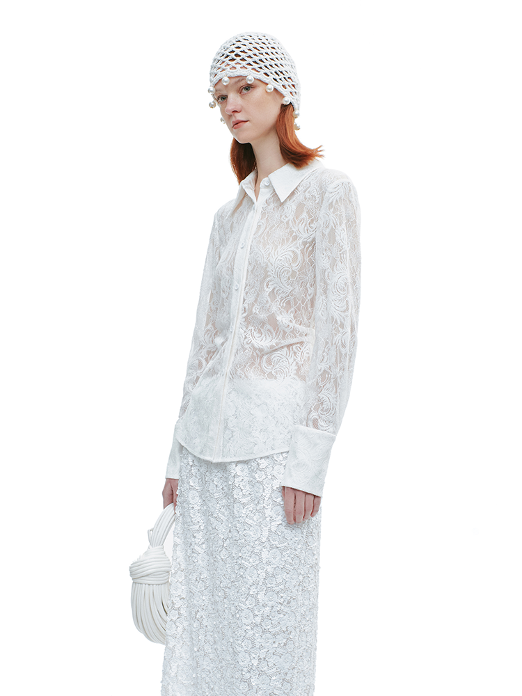 YES BY YESIR | Lace Long Sleeve Sheer White Shirt  -AMALITHA.