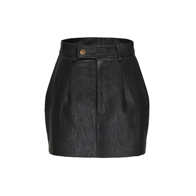 Le Palais Vintage Elegant Black Long Sleeve Medium Leather Jacket + Short Skirt-AURA.