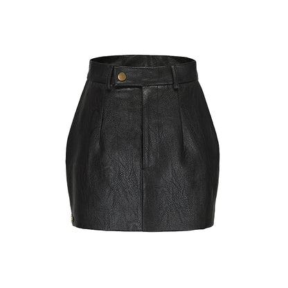 Le Palais Vintage Elegant Black Long Sleeve Medium Leather Jacket + Short Skirt-AURA.