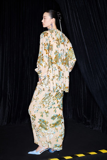 M essential Mackay designer Qili burnt floral velvet dense pleated lace-up loose top - PETER.