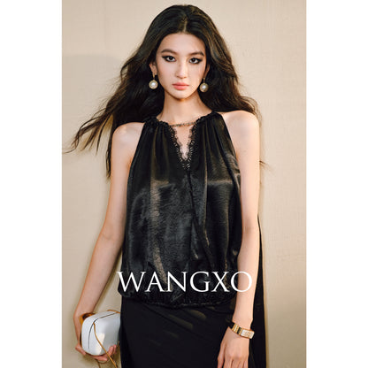 WANGXO| Acetate  Lace-Trimmed Metal Chain Halterneck V-Neck Pleated Top -AYRA.