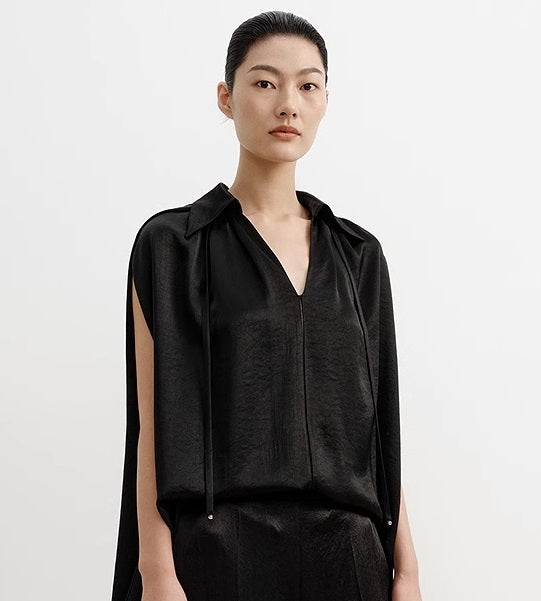 COMME MOI  women's cape shirred drape chic top - HANNAH.