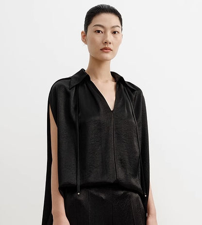 COMME MOI  women's cape shirred drape chic top - HANNAH.