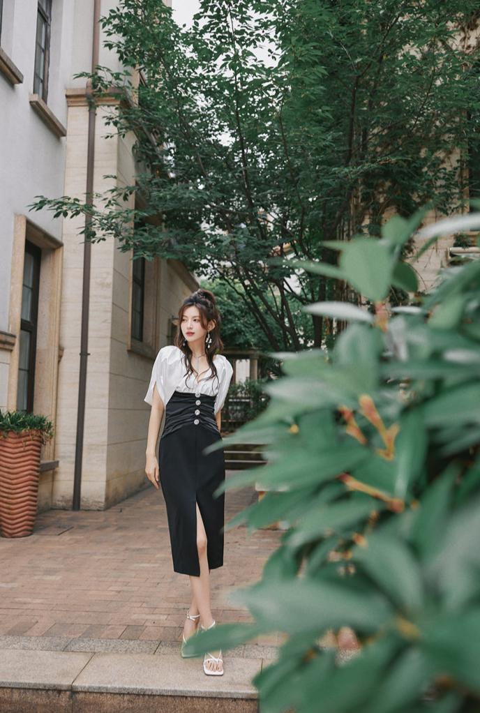 DOLLY Elegant Black and White Deep V-Neck Short Puff Sleeves Slim Fit Office Dress-ZOEY