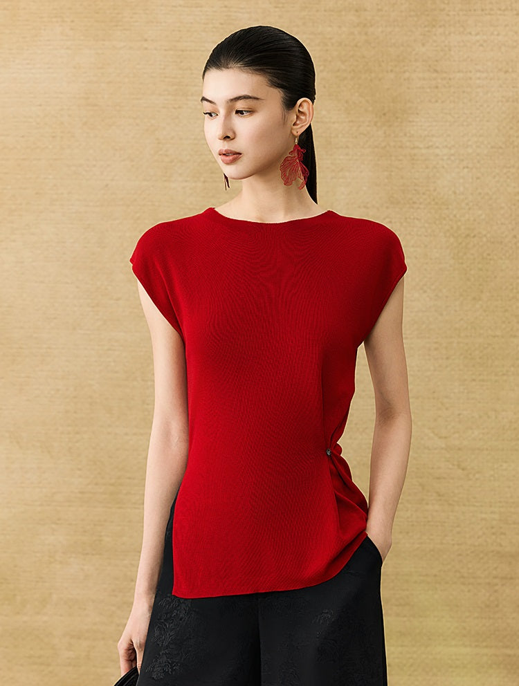 HECO Chinese round neck knit short sleeve feminine temperament slim T-shirt - COLE.