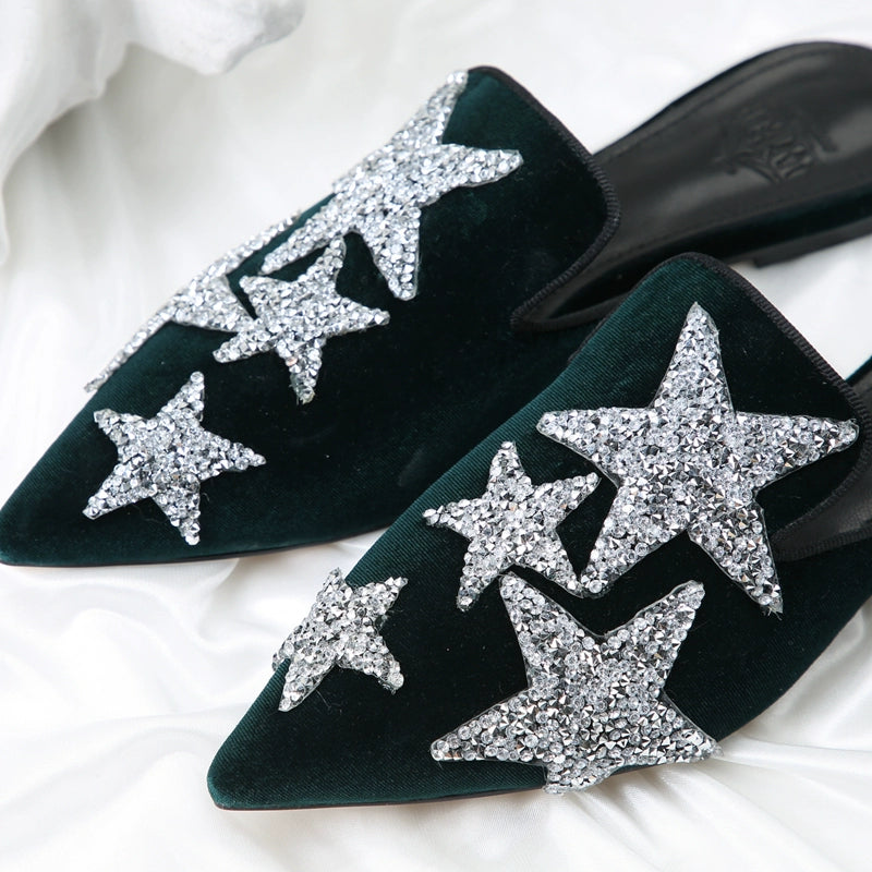 B-FEI rhinestone flats, mules, velvet slippers-LINC.