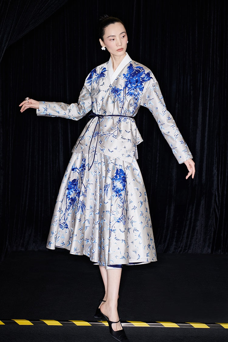 M essential Mackay designer butterfly dance jacquard blue vine and butterfly coat - WEST.