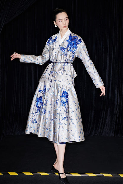 M essential Mackay designer butterfly dance jacquard blue vine and butterfly coat - WEST.