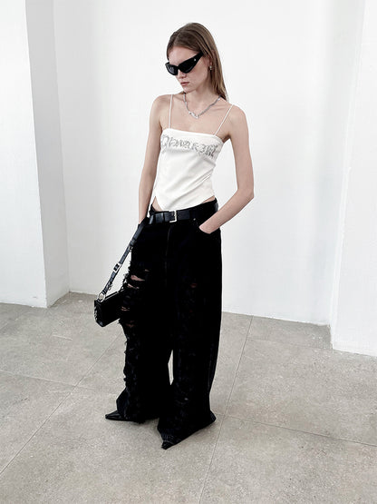 ANNAKIKI  Designer Women's Niche Black Ripped Distressed Jeans Wide-leg Pants-SPIKE