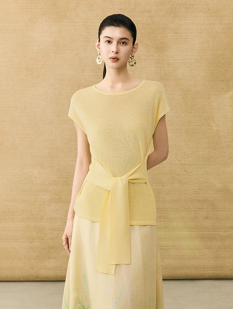 HECO Chinese Slimming Waist Linen Knit Breathable Crew Neck T-Shirt - INDIGO.