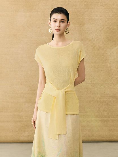 HECO Chinese Slimming Waist Linen Knit Breathable Crew Neck T-Shirt - INDIGO.