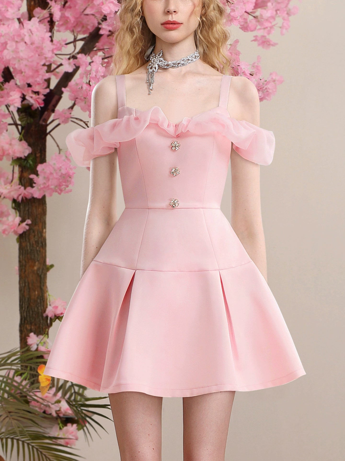 CHECOCRE Stubble sweet temperament style pink satin organza dress - EMA.