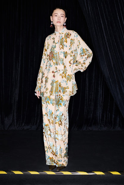 M essential Mackay designer brand Qili burnt flower velvet beads loose top - WORD.