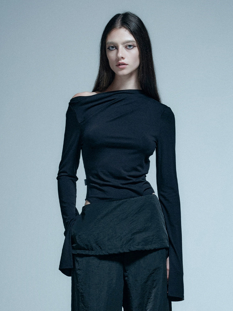 ANNAKIKI Black shoulder pleated slit long sleeve women bodysuit tops-REN