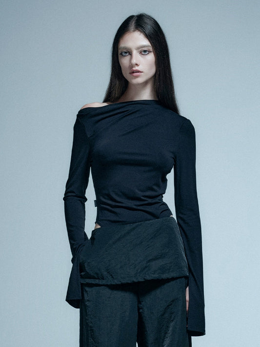 ANNAKIKI Black shoulder pleated slit long sleeve women bodysuit tops-REN