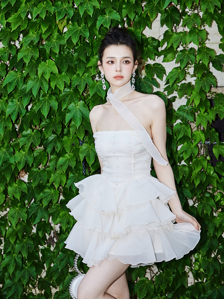 DOLLY Elegant Cream Colored Tube Top Fluffy Ruffle Birthday Dress-ANDORA (V)