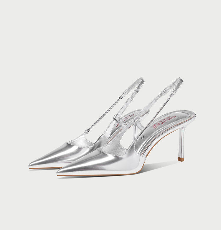 Pjjuu Women's Summer Leather Sandals With Silver Stiletto Heels - SOME