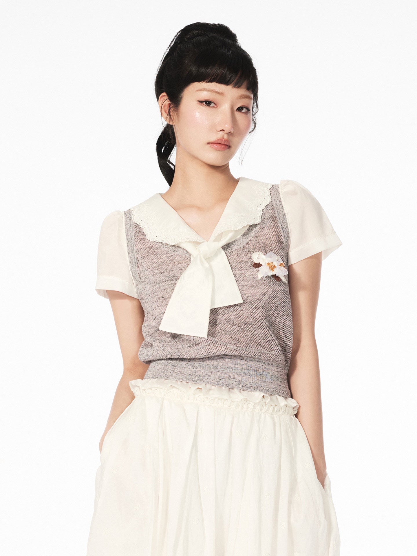 FAME Beaded Patchwork Lace Fake Two Knitted Short Sleeve Top - ETHAN