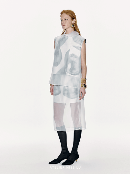 ATELIER MISS LU Spring/Summer Calla Lily Print Two-piece Tulle Top - PEDRO