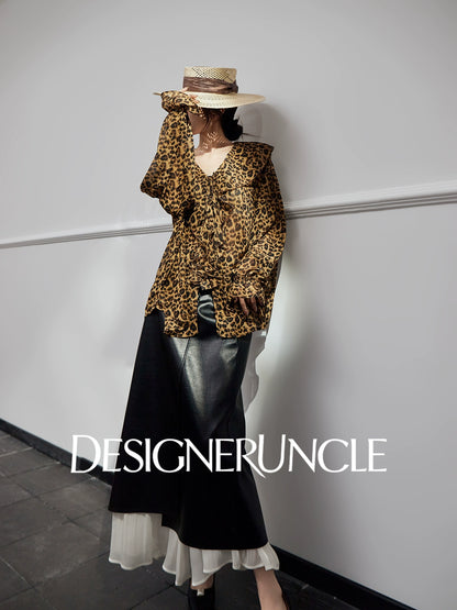 DGU |Leopard print light luxury niche loose retro V-neck design long-sleeved top - GLORY.
