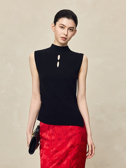 HECO Asymmetrical Wool Blend Sleeveless Mock Neckline Top- CHOOSE.