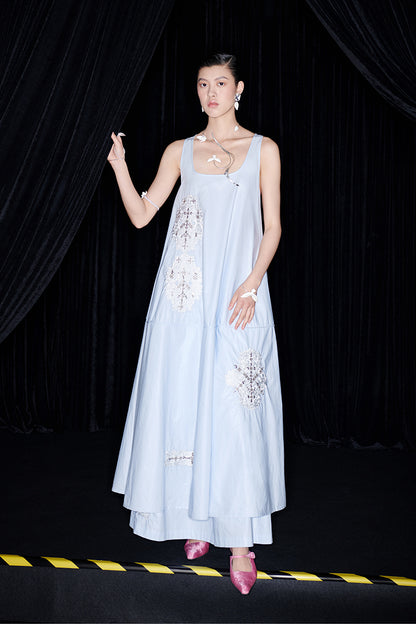 M essential Mackay designer embroidered A-hem pastel blue skirt dress - euno sia.